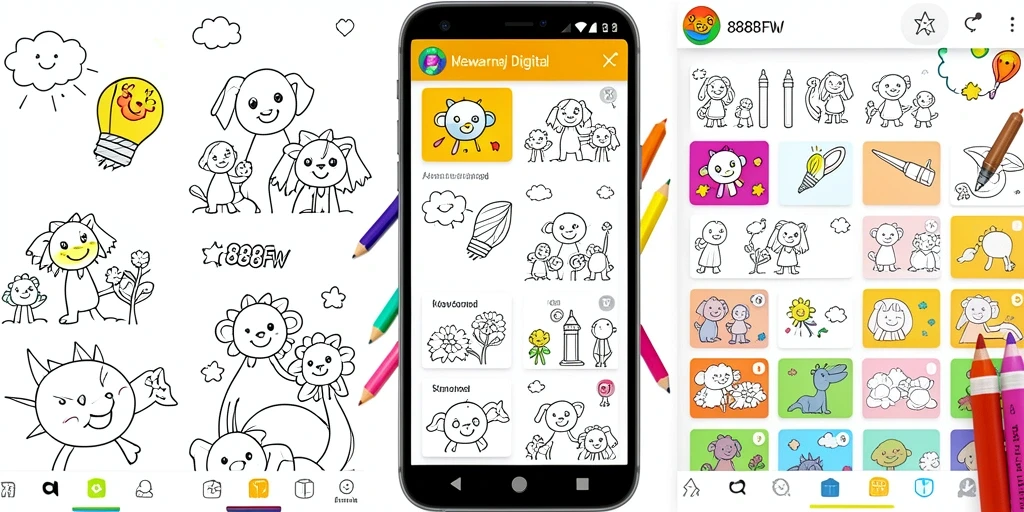 Tampilan antarmuka aplikasi 888FW dengan pilihan gambar mewarnai.