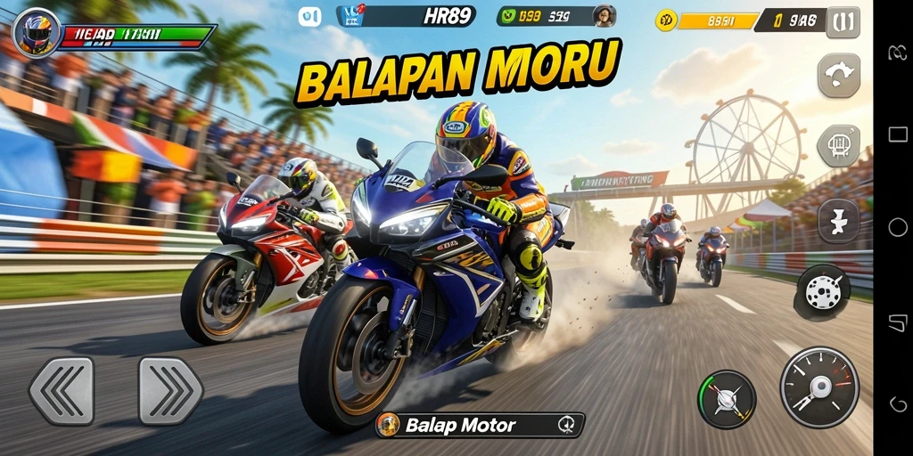Antarmuka game Balap Motor HR89 menampilkan grafik yang tajam dan interaktif.